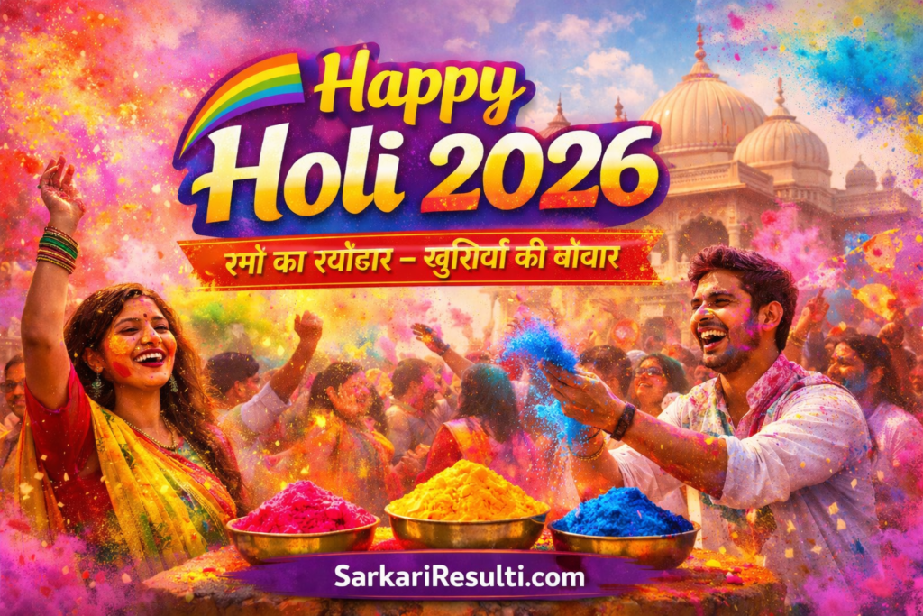 Happy Holi 2026 celebration in India with colorful gulal and Holika Dahan date information